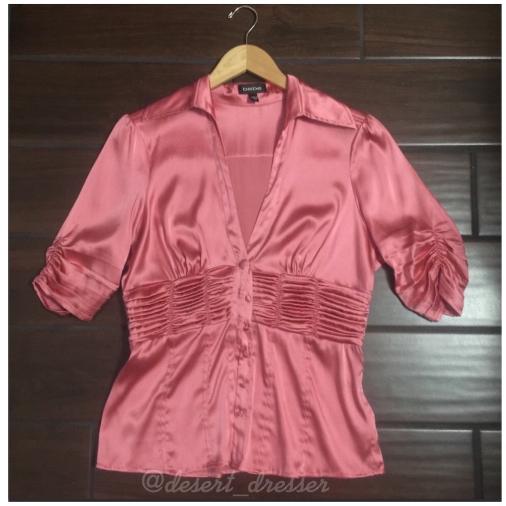 bebe Satin Button-Down Blouse in Rose
